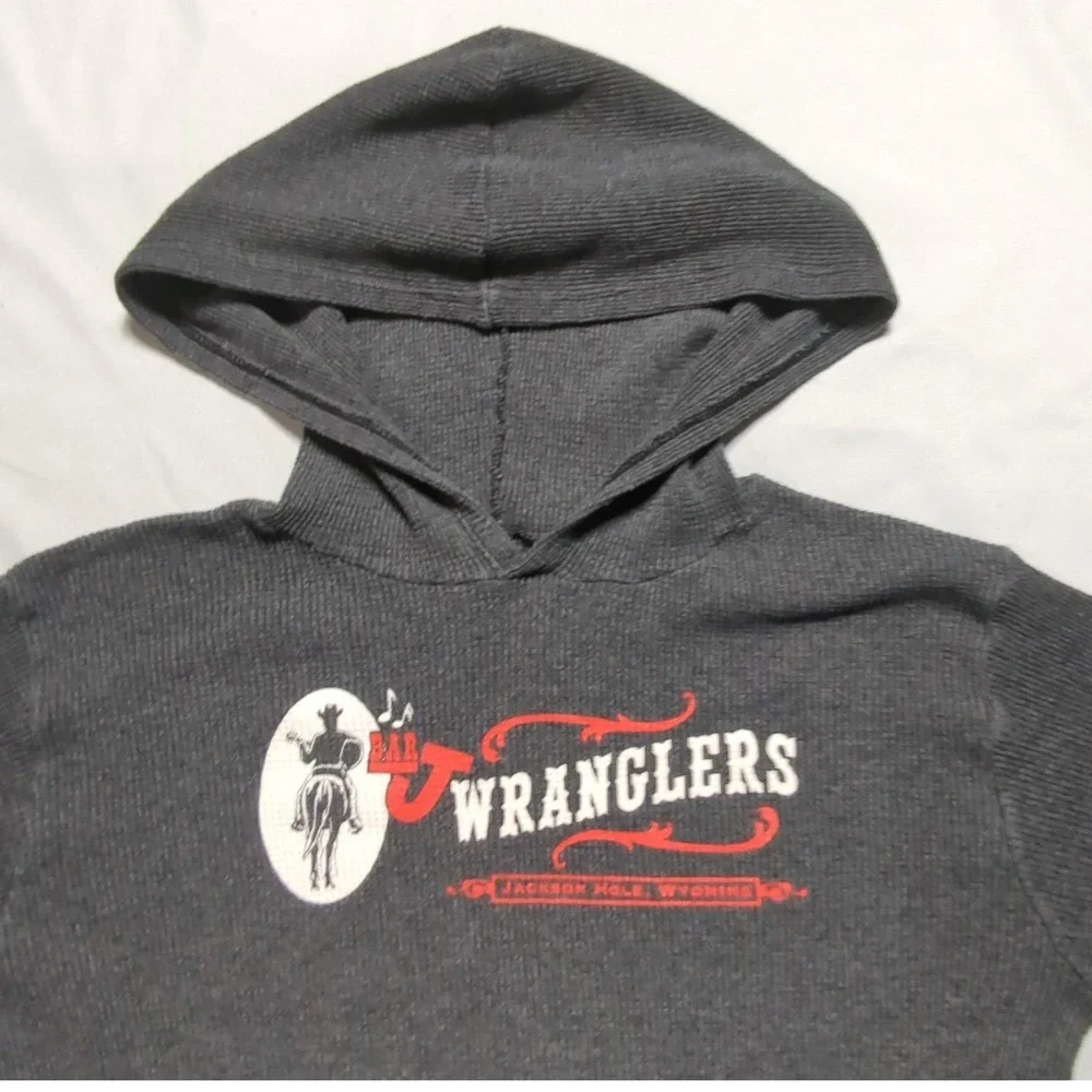 Bar J Wranglers Jackson Hole Wyoming‎ Thermal Hoodie Gray Waffle Knit Large USA